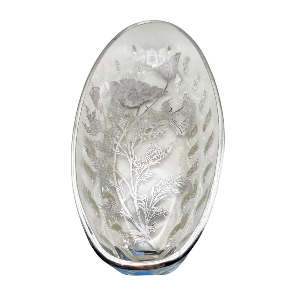 Vtg Frosted Etched Floral Relish Dish Celery Tray Poppy Serving Bowl Cottagecore